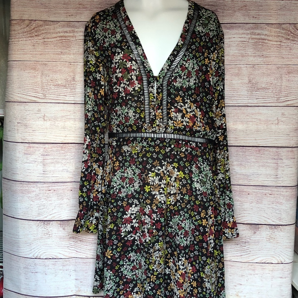 TopShop v neck black floral sheer buttons dress